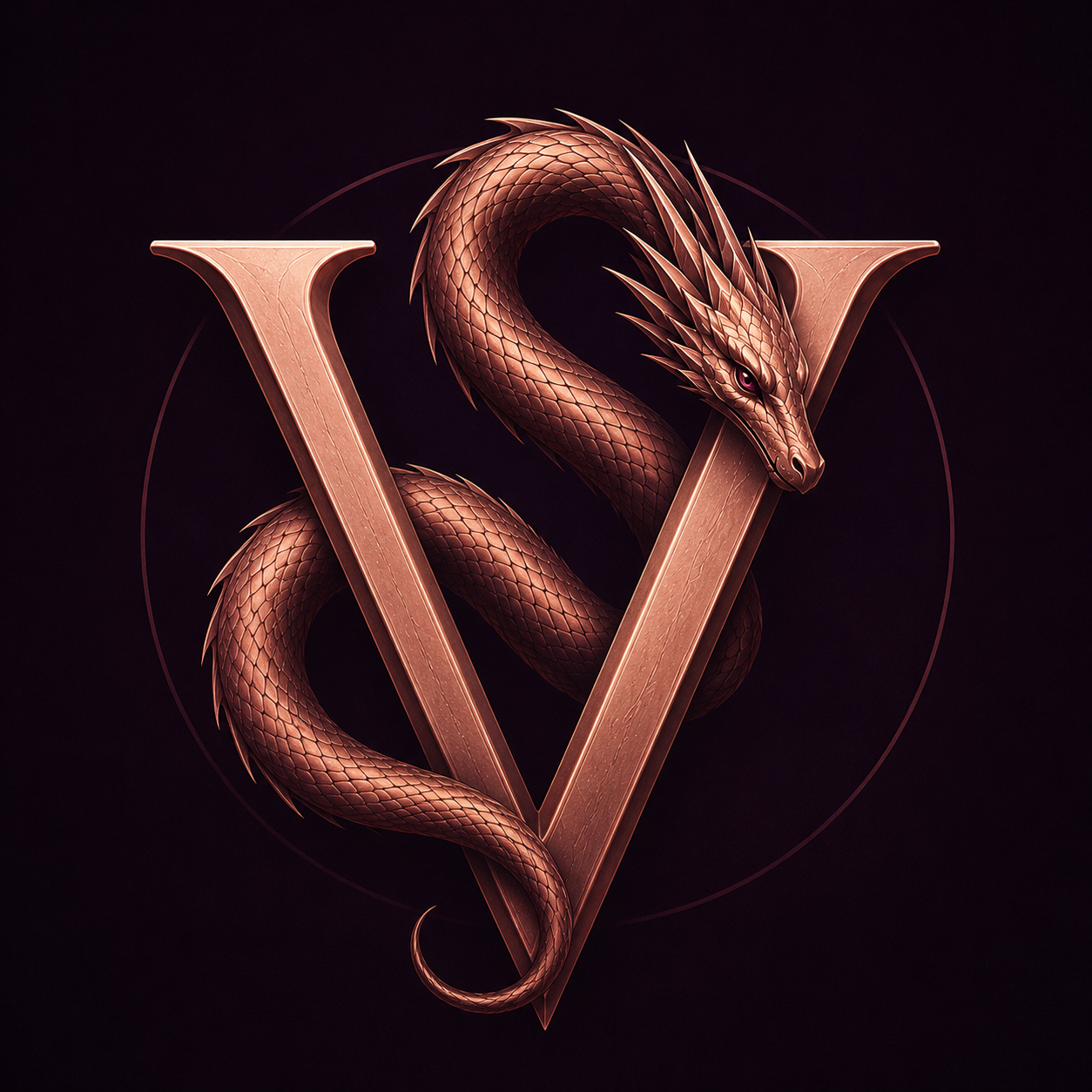 Emblema de Vera Miralba: una serpiente dragón enroscada sobre una V.